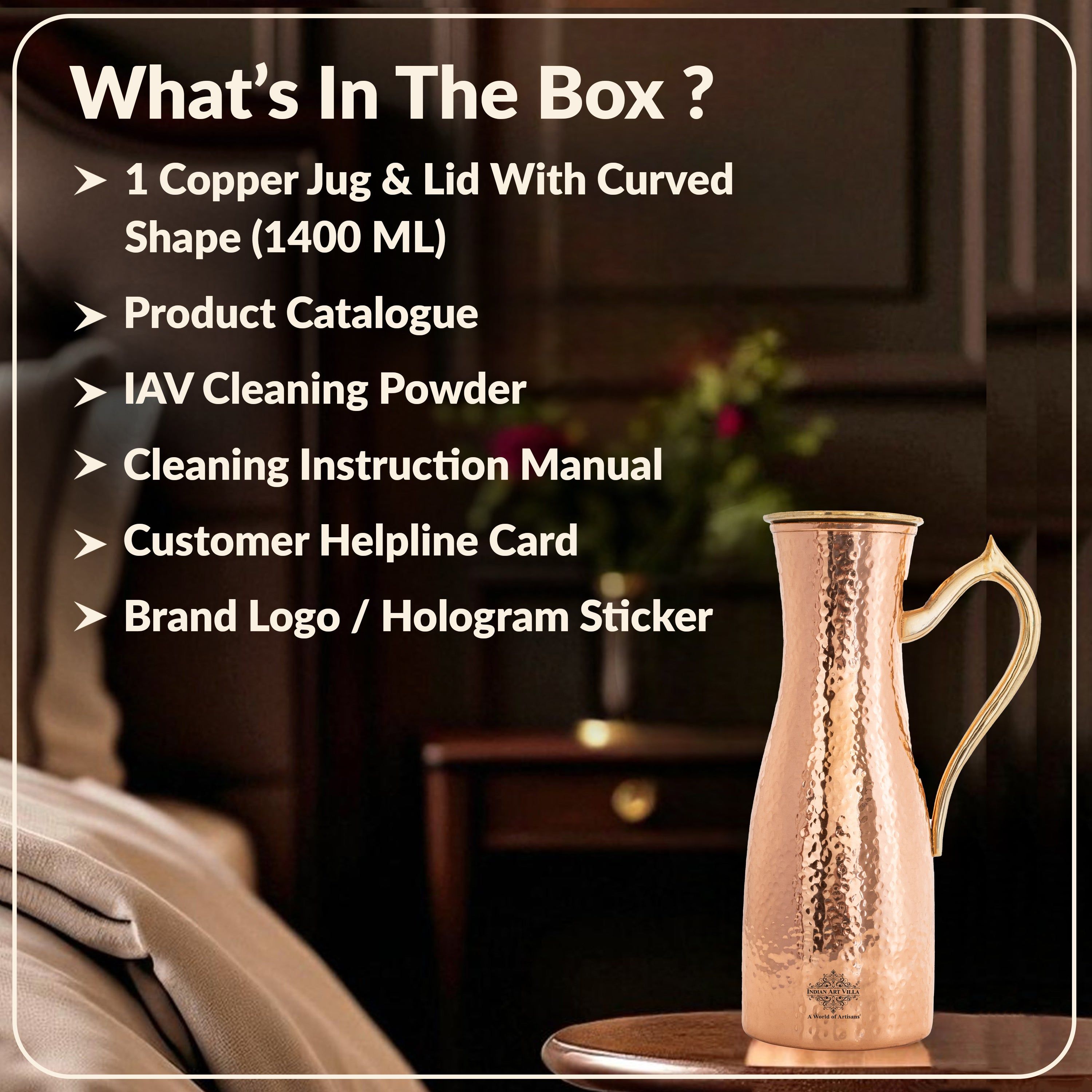 Copper jug with hammered curve design, brass handle & lid –, 1400 ML